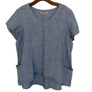Flax Scoop Neck Linen Tunic Style Top M Patch Pockets Blue Natural Fibers NEW